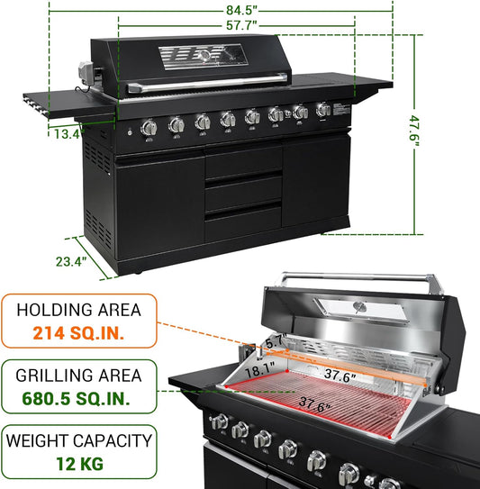 SINDA 6 Burners Gas Grill with Foldable Side Shelf, BBQ Outdoor Grill with 99000 BTUs Output, 3 Drawers for Backyard Barbecue Cooking & Barbecue Grilling，Black