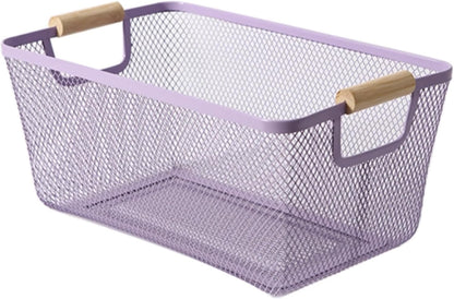 AJIODA Metal Mesh Steel Basket, Large Wire Storage Organizer Basket Multi-function Hanging Kitchen Baskets with Wood Handle for Kitchen Bathroom Picnic Home, Rectangle-Off White