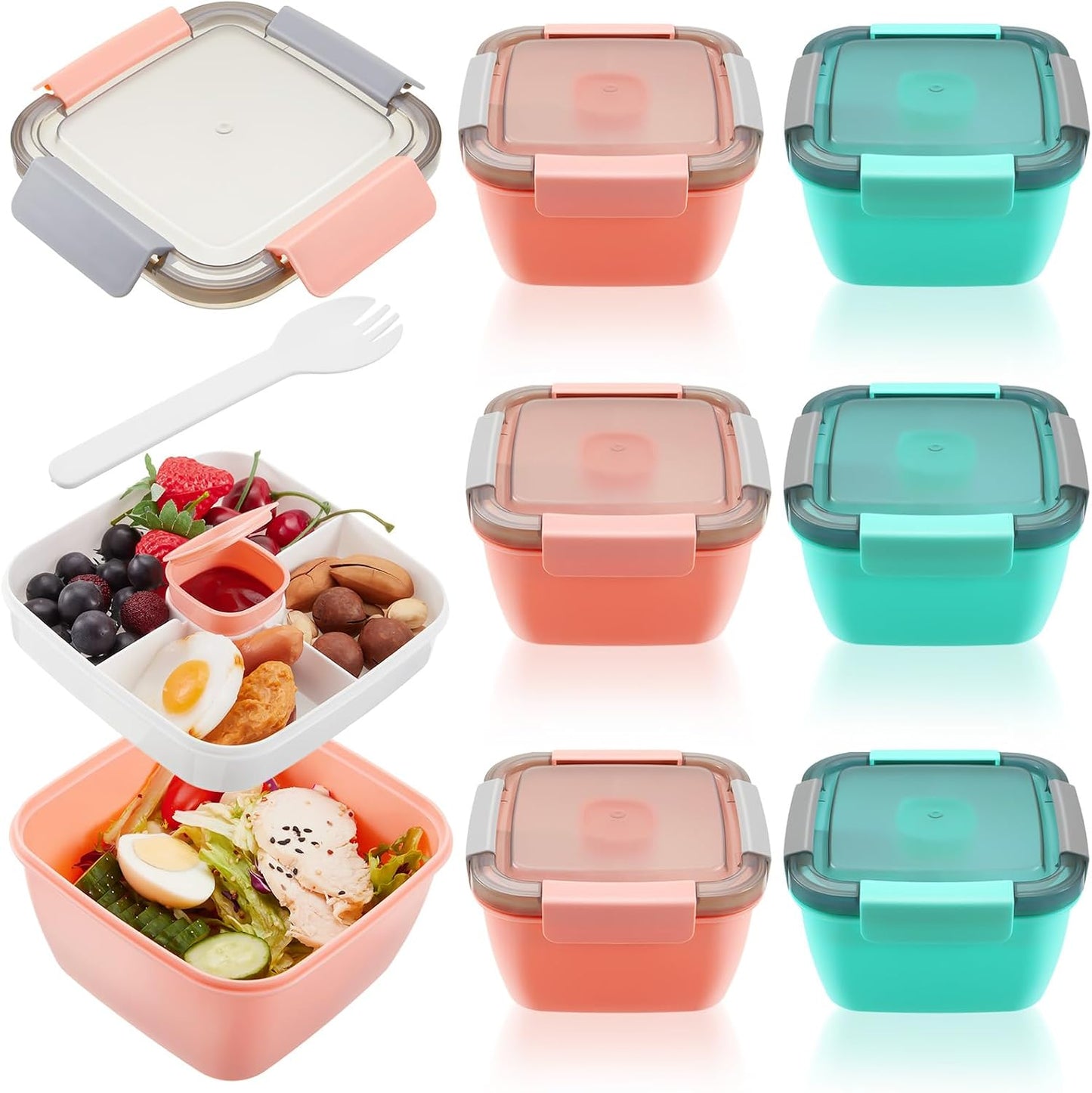 Tessco for you 6 Pcs Salad Lunch Container 50 oz Salad Container with 3 Compartment Reusable Bento Box for Adults Stackable Lunch Bowl for Meal Snack Fruit(Pink)