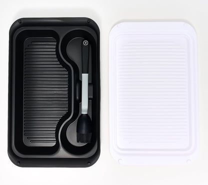 Henning Lee Marinating Tray & Brush Set, 3-Piece BBQ Prep and Serving Set – Dual-Purpose Lid, Silicone Basting Brush, BPA-Free, Dishwasher Safe, Grill Accessories for Meat, Veggies & More (Black)