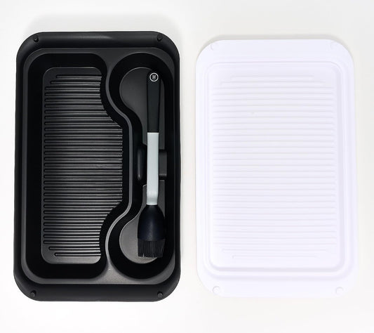 Henning Lee Marinating Tray & Brush Set, 3-Piece BBQ Prep and Serving Set – Dual-Purpose Lid, Silicone Basting Brush, BPA-Free, Dishwasher Safe, Grill Accessories for Meat, Veggies & More (Black)