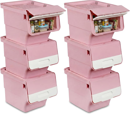 Giantex Plastic Stackable Storage Bins with Lids & Wheels, 3 Pack Open Front Stacking Bins, Organizer Bins for Pantry, Kitchen, Laundry, Closet, Playroom, Bedroom Organization (12.5 QT)
