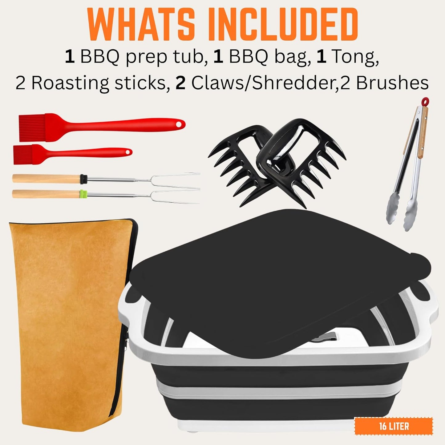 Livingstones Designs 6-in-1 BBQ Prep Tub Set: 16L Collapsible Station with Locking Lid, Thermal Bag, Meat Shredder Claws, Heat-Resistant Basting Brushes, Stainless BBQ Tong & Forks for Grilling & More