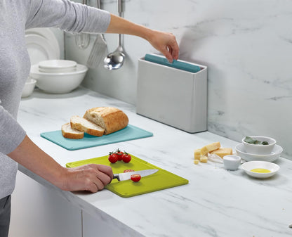 Joseph Joseph Duo 3-Piece Colour Coded Chopping Board Set with Slimline case for organised Storage, Opal