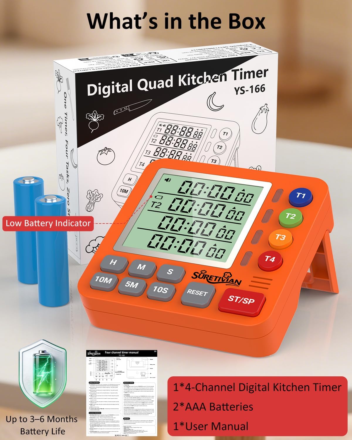 Digital Kitchen Timer with 4 Channel, Loud Alarm and Silent Mode