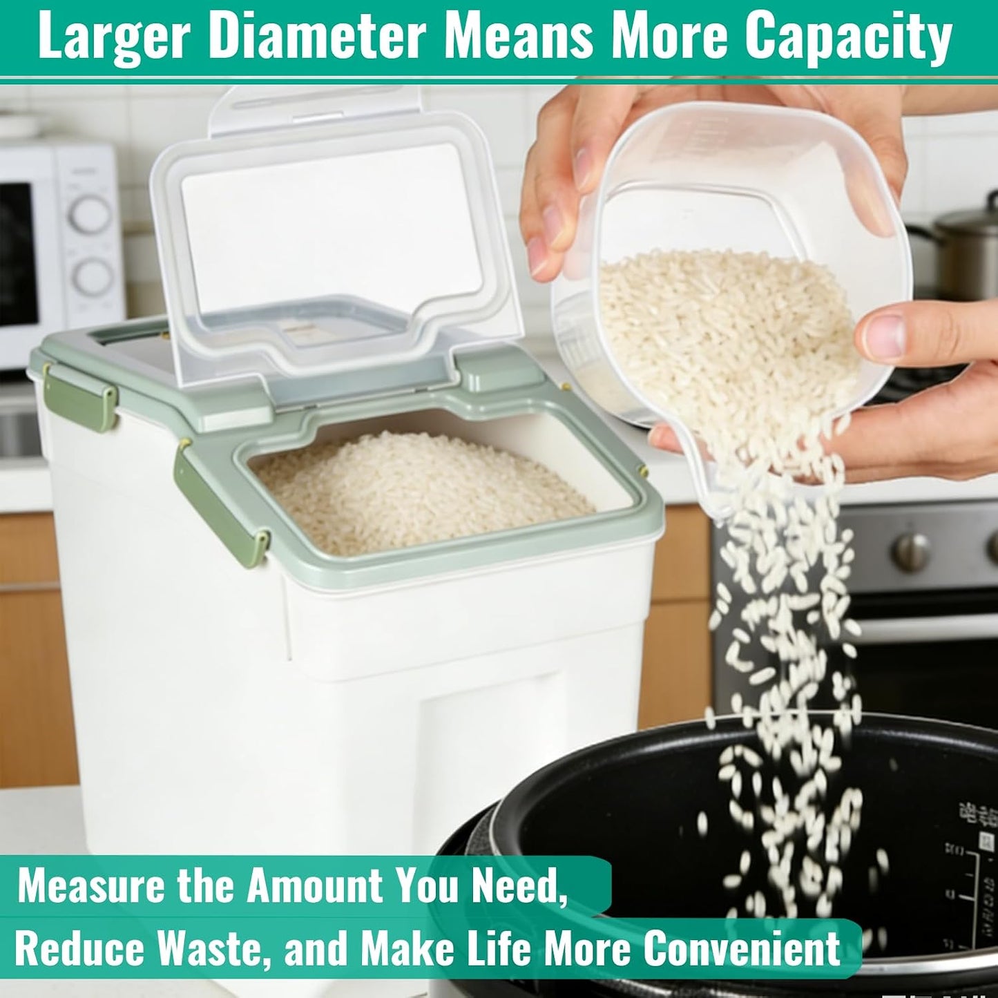 4 Pack Rice Container 25 lbs Large Bulk Flour Sugar Storage Holdhouse Plastic Grain Cereal Dry Goods Bin with Spoon and Measuring Cup for Kitchen Pantry Organization - Green
