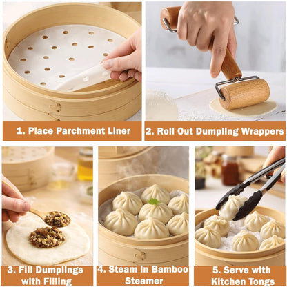 Bamboo Steamer Basket 10 Inch | 2 Tier Dumpling and Dim Sum Steamer for Bao Buns Vegetables and Asian Cooking | Bamboo Steaming Basket Set with Parchment Liners and Food Tongs