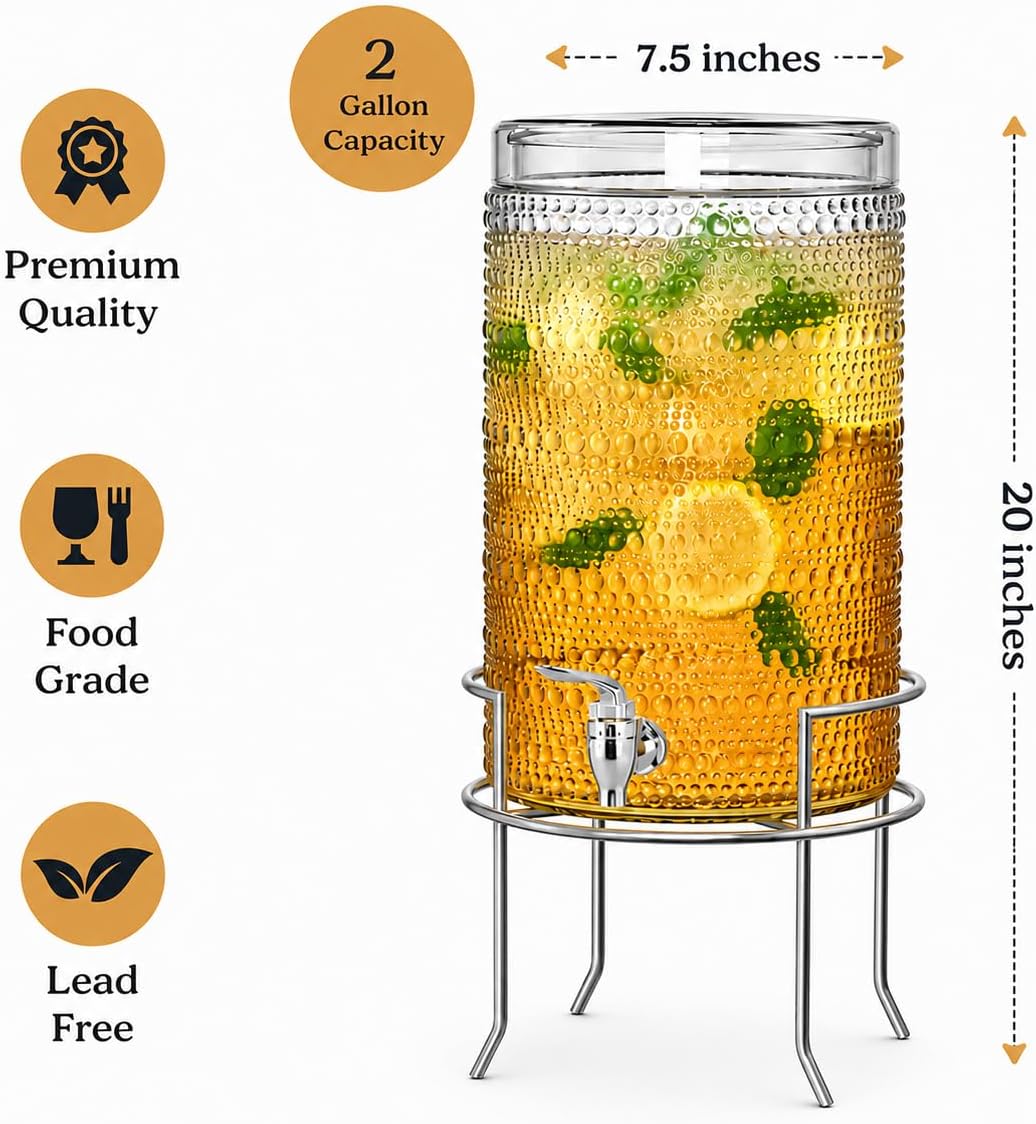 2 Gallon Glass Drink Dispenser, hobnail Drink Dispensers for Parties, Beverage Dispenser with Stand and Glass Lid, 100% Leakproof Spigot, Ideal for Lemonade, Juice, Laundry Detergent Dispenser