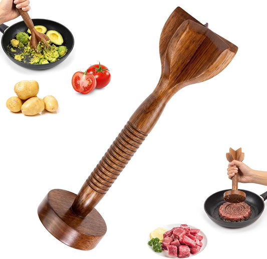 Wooden Meat Chopper for Ground Beef, 2-in-1 Dual-Ended Teak Meat Masher and Burger Smasher, 10.5-Inch Tool for Nonstick Cookware