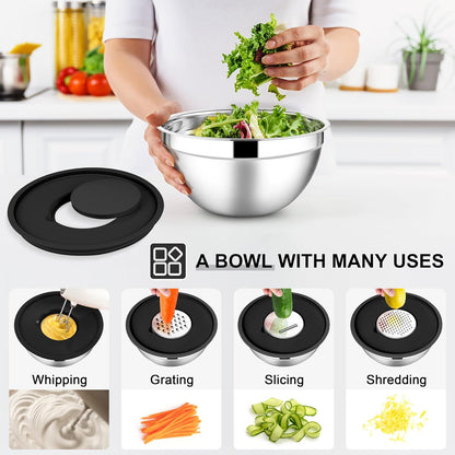 E-far Stainless Steel Mixing Bowls with Lids Set, 5-Piece Nesting Salad Bowls with 3 Grater Attachments and Non-Slip Bottoms, Size 4.6, 2.6, 2, 1.5, 1QT for Kitchen (Khaki)