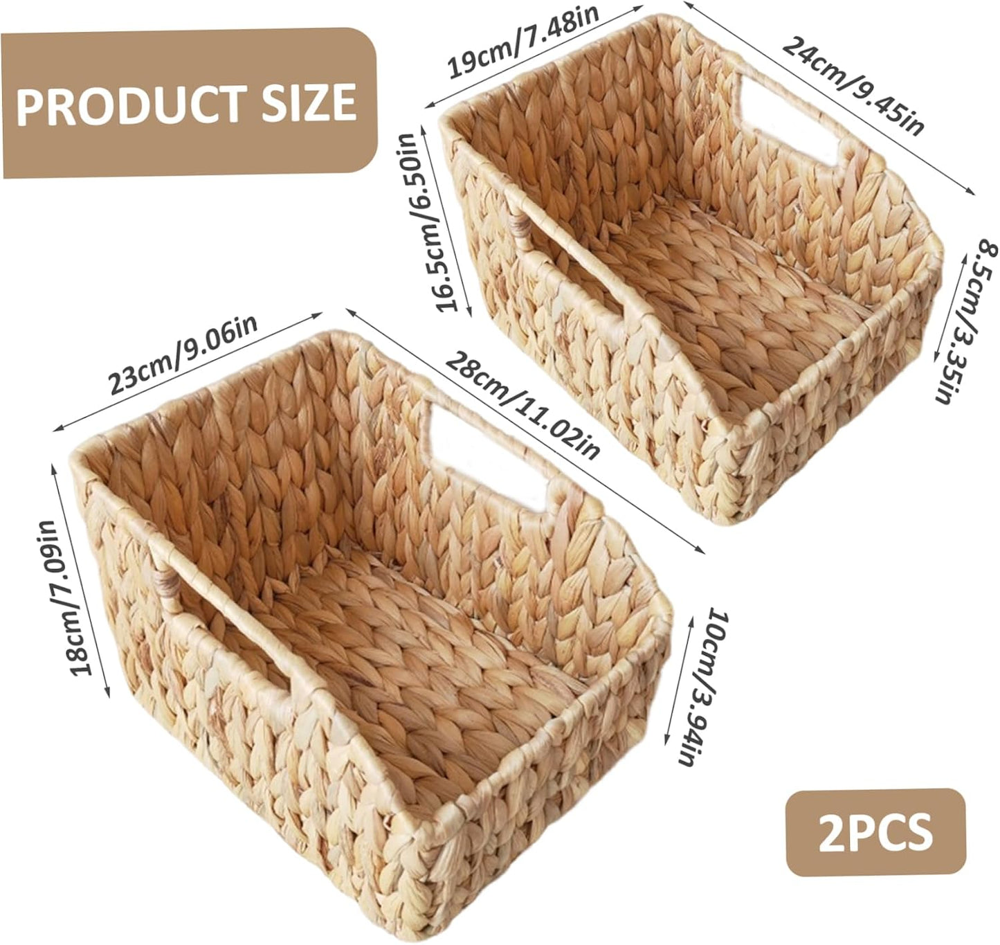 2Pcs Woven Basket, Water Hyacinth Wicker Storage Basket with Build-in Handle Rustic Pantry Baskets Organizer for Kitchen Shelves Organizing..