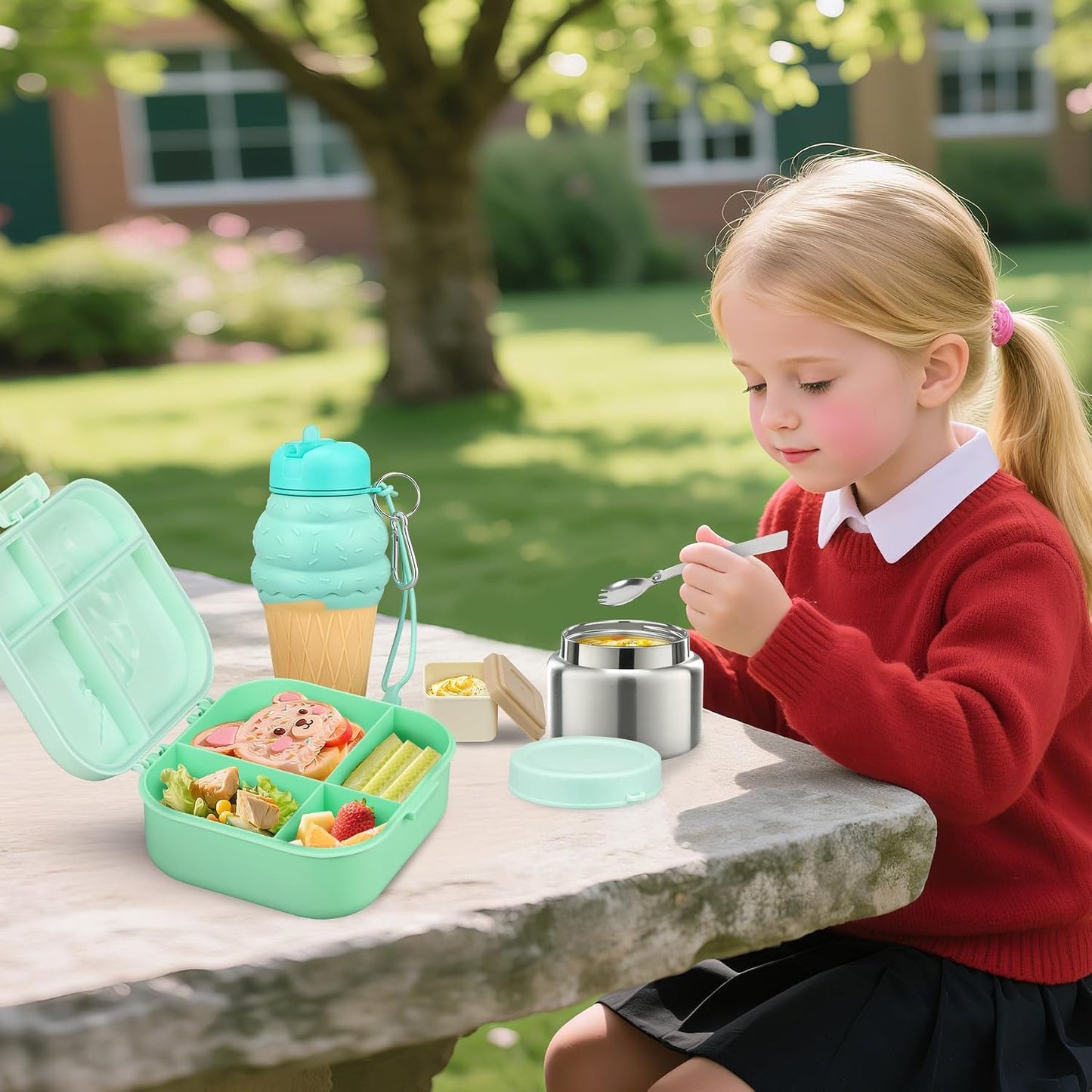 Aimsnk Magical Dinosaur Kids Lunch Box Set -12oz Insulated Food Jar, Leakproof Lunch Food Containers Cutlery, Leak-Proof Sauce Cup & Spoon, Gradient Green+Jar Green