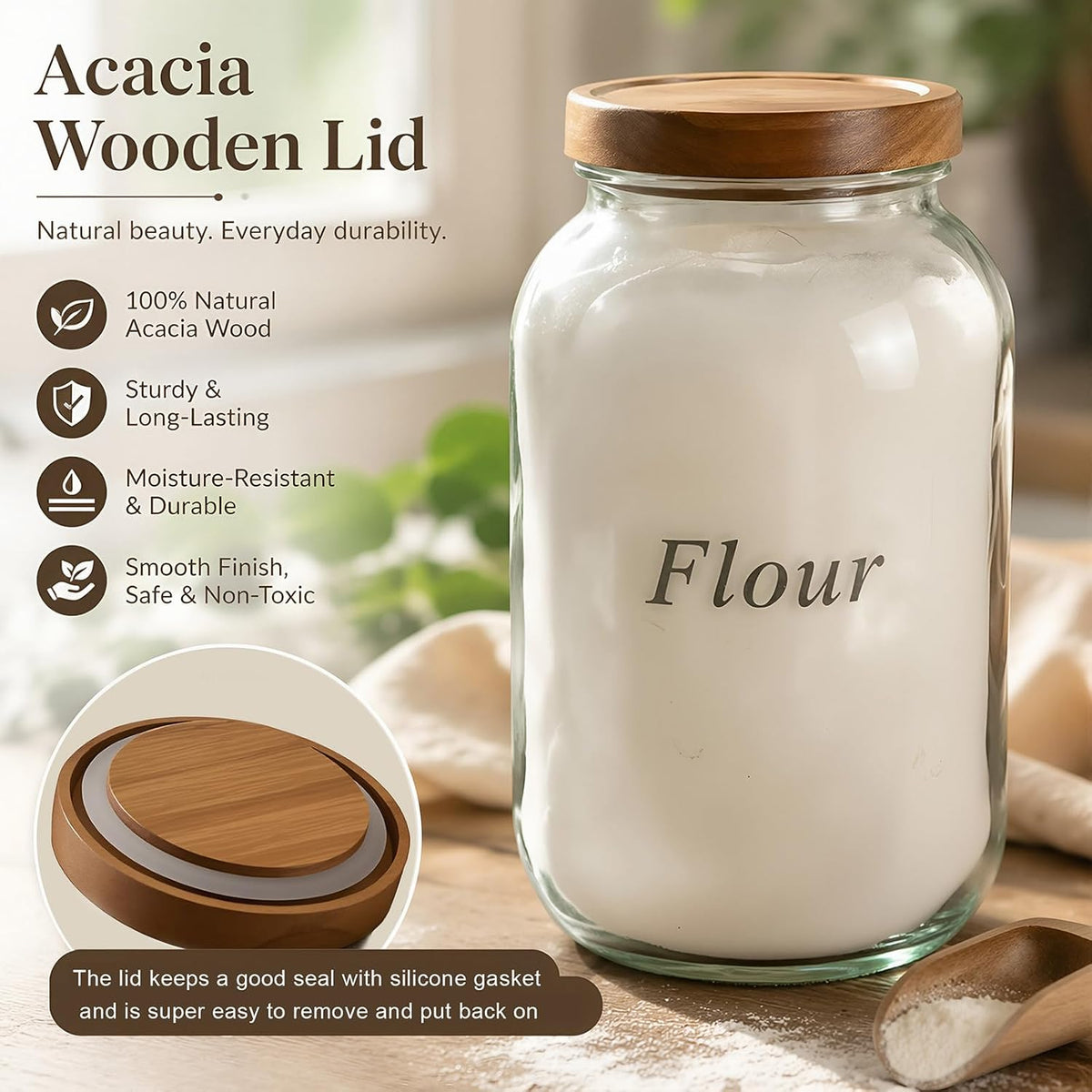 2 Pack Glass Flour Sugar Storage Containers with Acacia Wooden Lid, 1 Gallon Glass Jars with Airtight Lid, Wide Mouth Large Mason Jars 128oz for Rice, Pasta, Oats, Coffee Storage