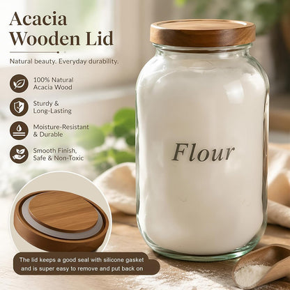 2 Pack Glass Flour Sugar Storage Containers with Acacia Wooden Lid, 1 Gallon Glass Jars with Airtight Lid, Wide Mouth Large Mason Jars 128oz for Rice, Pasta, Oats, Coffee Storage