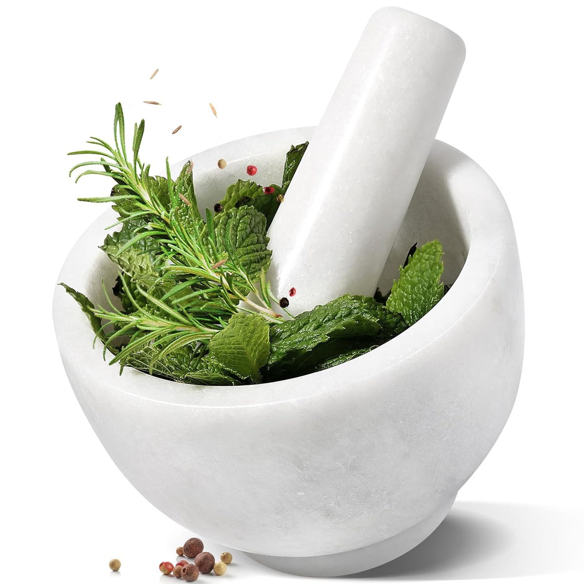 Koville Luxury Marble Mortar and Pestle Set, 7"-4cups Grinder Bowl for Guacamole, Salsa, Pill Crusher, Spice, Herb, Garlic, Nut, Heavy Duty Grinder for Kitchen