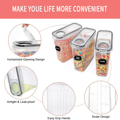 PRAKI Cereal Containers Storage Set (4L,135.2 Oz), 8PCS Airtight Food Storage Containers with Lids for Kitchen & Pantry Organizers and Storage, Cereal Dispensers with 20 labels, Measuring Cup & Marker