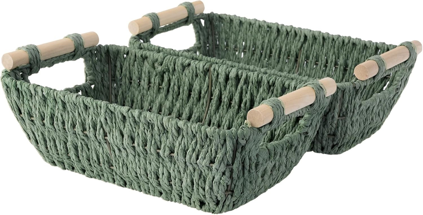 StorageWorks Hand-Woven Storage Baskets with Wooden Handles, Water Hyacinth Wicker Baskets for Organizing, 2 Pack