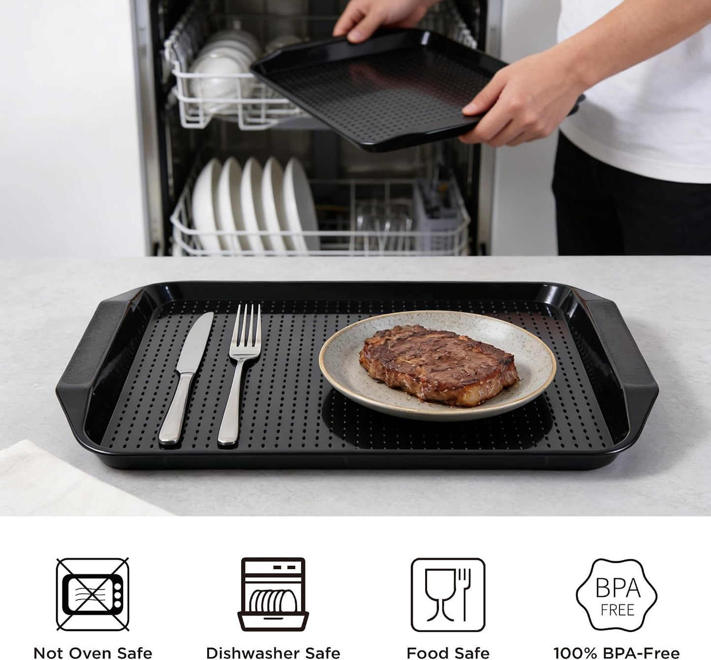 TP 17x12 Inch Plastic Serving Trays Set of 4, Durable Serving Platters with Anti-Slip Dots, BPA-Free Stackable Food Tray for Party, Family Gathering, BBQ,Black