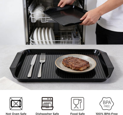 TP 17x12 Inch Plastic Serving Trays Set of 4, Durable Serving Platters with Anti-Slip Dots, BPA-Free Stackable Food Tray for Party, Family Gathering, BBQ,Black