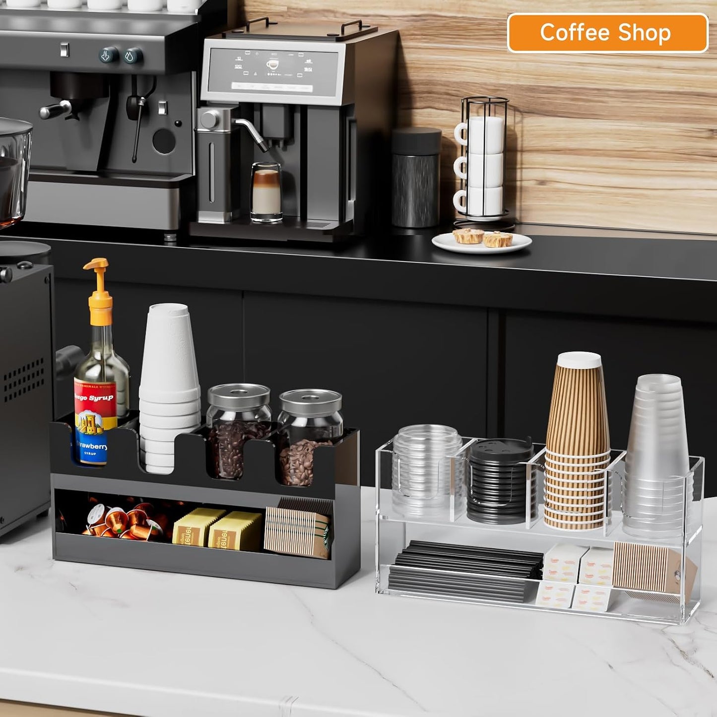 Beego 2-Compartment Cup Holder for Countertop - 2-Tier Clear Acrylic Cup Dispenser Coffee Station Paper Cup and Lid Organizer Condiment Storage for Restaurant Breakroom Kitchen Bar Accessories