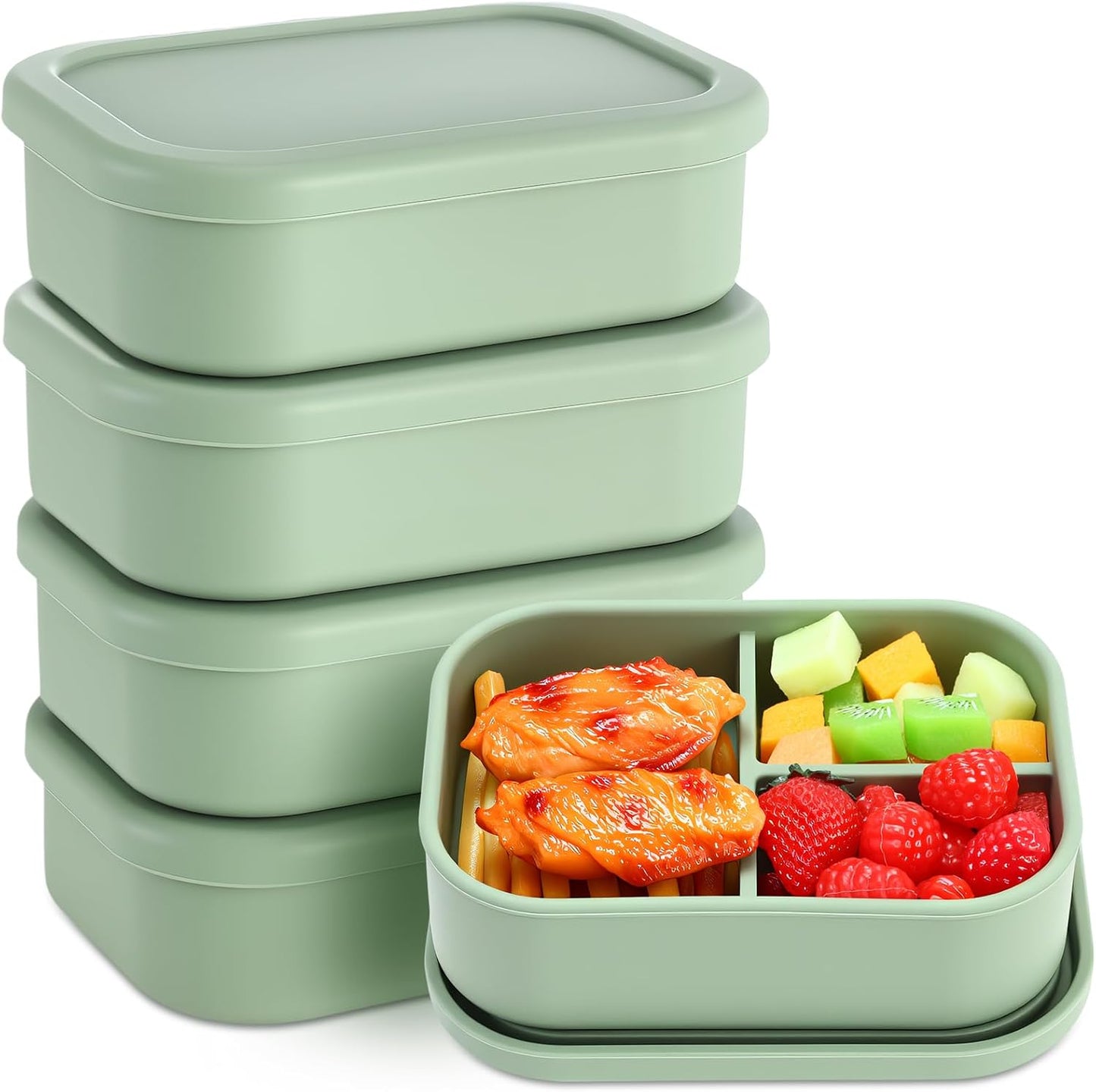 Honeydak 6 Pcs Silicone Bento Box Reusable Silicone Bento Lunch Container for Adults Microwave Dishwasher Freezer Safe 3 Compartment (Light Colors)