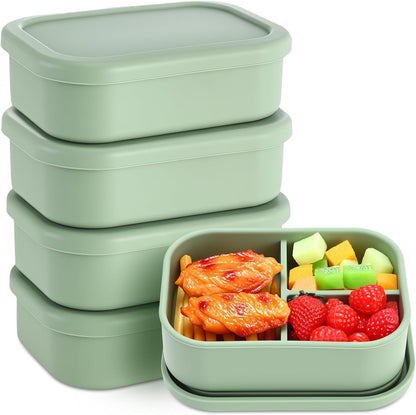 Honeydak 6 Pcs Silicone Bento Box Reusable Silicone Bento Lunch Container for Adults Microwave Dishwasher Freezer Safe 3 Compartment (Light Colors)