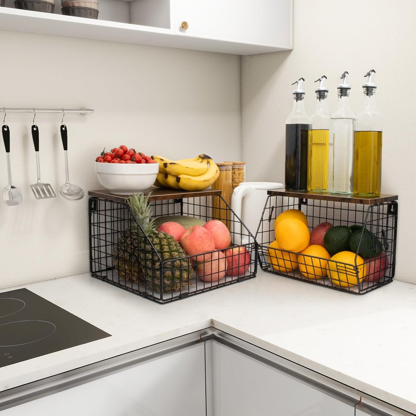 Mefirt Fruit Basket, 2-Tier Fruit Bowl for Kitchen Counter, Stackable Wall Mounted Fruit Storage, Snack Organizer, Potato and Onion Storage Basket, Hanging Pantry Storage with Wood Lid, 2 Set, White