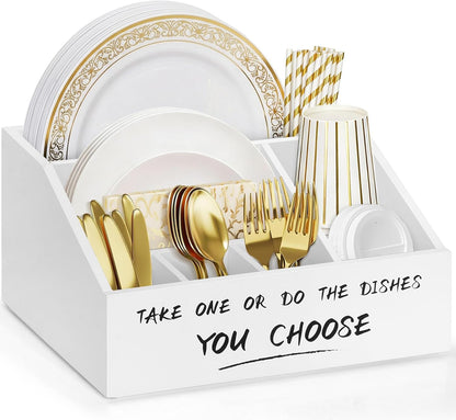 Ameuphercy Wood Paper Plate Holders for Kitchen Counter,Paper Plate Dispenser for Countertop, Rustic Silverware Utensil Caddy for Party,Wooden Plate Organizer Box for Cups Spoons and Forks