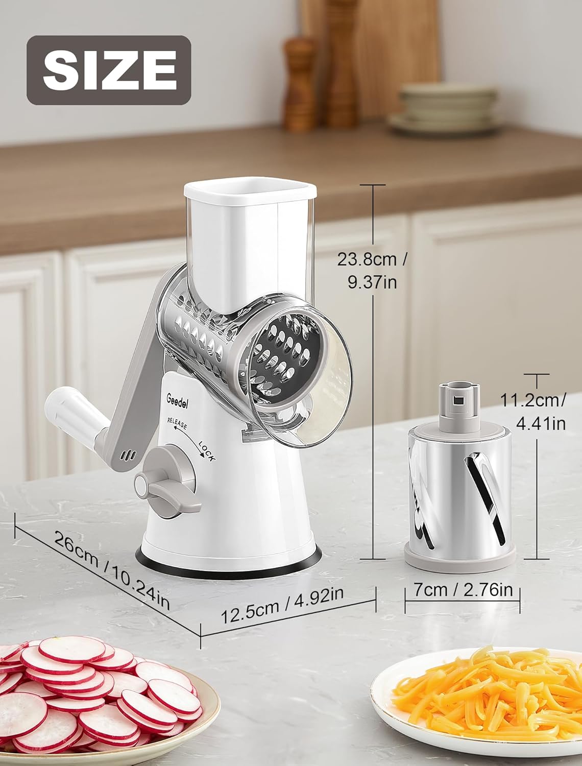 Geedel Rotary Cheese Grater, Kitchen Mandoline Vegetable Slicer with 3 Interchangeable Blades, Easy to Clean Rotary Grater Slicer for Cheese, Vegetables, Nuts