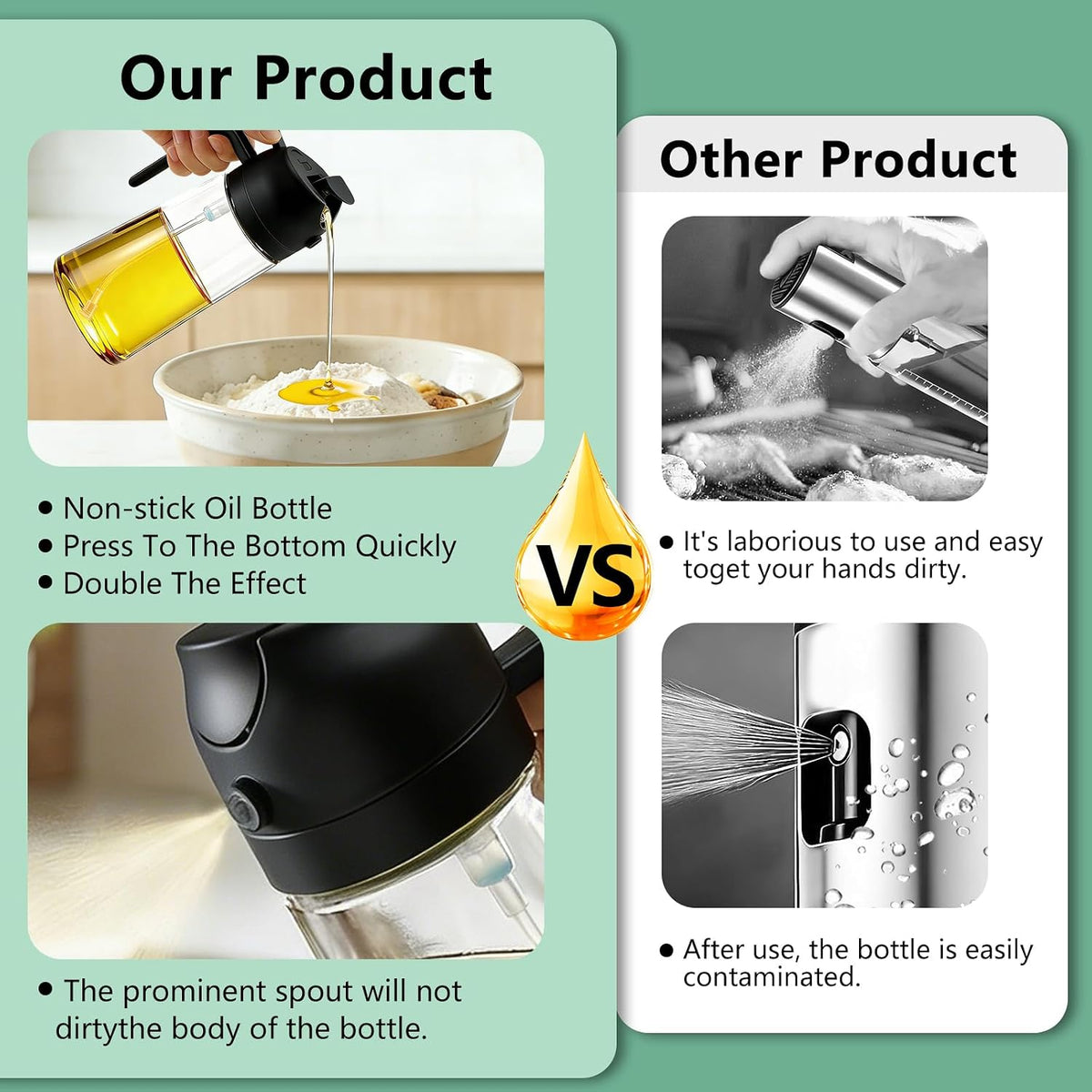 Oil Sprayer for Cooking, 2-in-1 Oil Mister & Dispenser Bottle for Air Fryer, Salad, BBQ, Kitchen Gadgets Accessories, 2 Pack