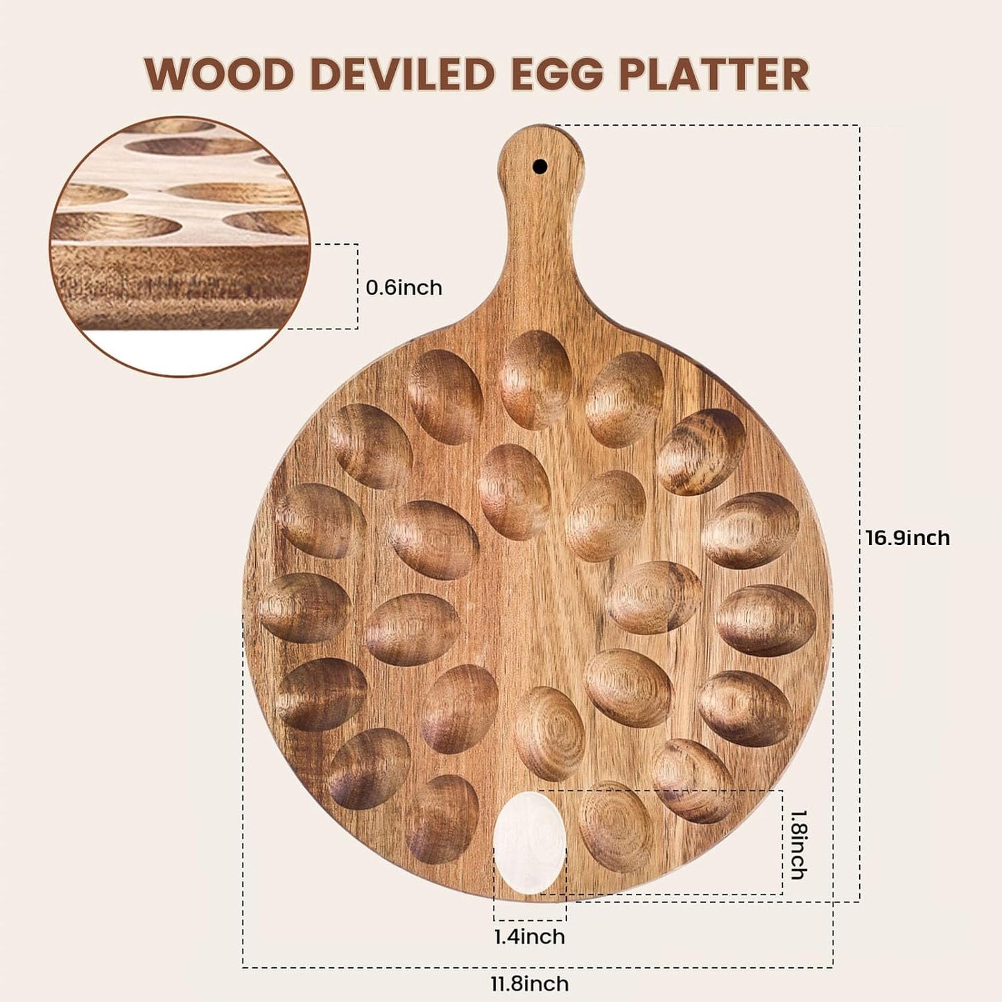 HANSGO Deviled Egg Platter, Wooden Round Deviled Egg Charcuterie Board Tray Holder Carrier with 24 Holes for Kitchen Countertops