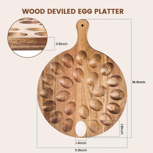 HANSGO Deviled Egg Platter, Wooden Round Deviled Egg Charcuterie Board Tray Holder Carrier with 24 Holes for Kitchen Countertops