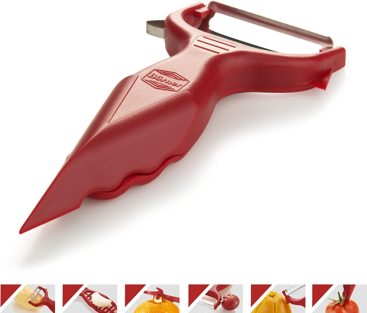 Börner Vegetable Peeler (6-in-1) • Garnishing Peeler with Grater • Multifunctional Peeler for Fruits & Vegetables • Fruit Peeler, Universal Peeler, Potato Peeler • Color: White