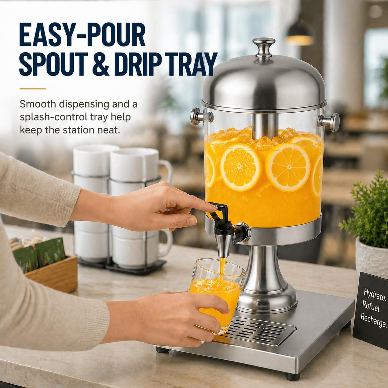 4.4 Gallon Beverage Dispenser with Ice Core | Stainless steel drink dispenser with stand and ice core for cold drinks, juice, lemonade, iced tea, parties, and events.