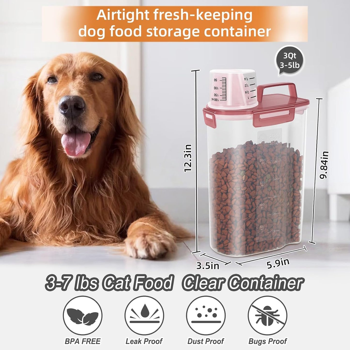 LEAWALK 3-5Lbs Airtight Small Cat Dog Pet Food Storage Containers BPA Free, with Large Pour Spout/1 Measuring Cup/ 4 Safety Locks and Double-layer Silicone Strip (Clear Black 2Pack)