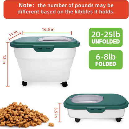 Dog Food Container, Collapsible Pet Food Storage Container 17-20 lb with Rolling Wheels & Airtight Lid, Plastic Storage Bin With Dog Food Scoop and Measuaring Cups