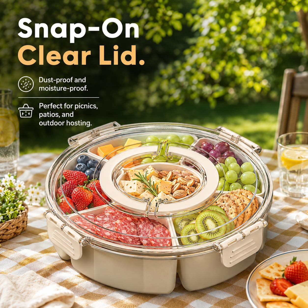 Rotating Snackle Box Container with Clear Snap-On Lid, 11" Divided Serving Tray with 6 Removable Compartments for Charcuterie, Veggie Platter & Taco Bar - 360° Lazy Susan Snack Spinner