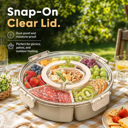 Rotating Snackle Box Container with Clear Snap-On Lid, 11" Divided Serving Tray with 6 Removable Compartments for Charcuterie, Veggie Platter & Taco Bar - 360° Lazy Susan Snack Spinner