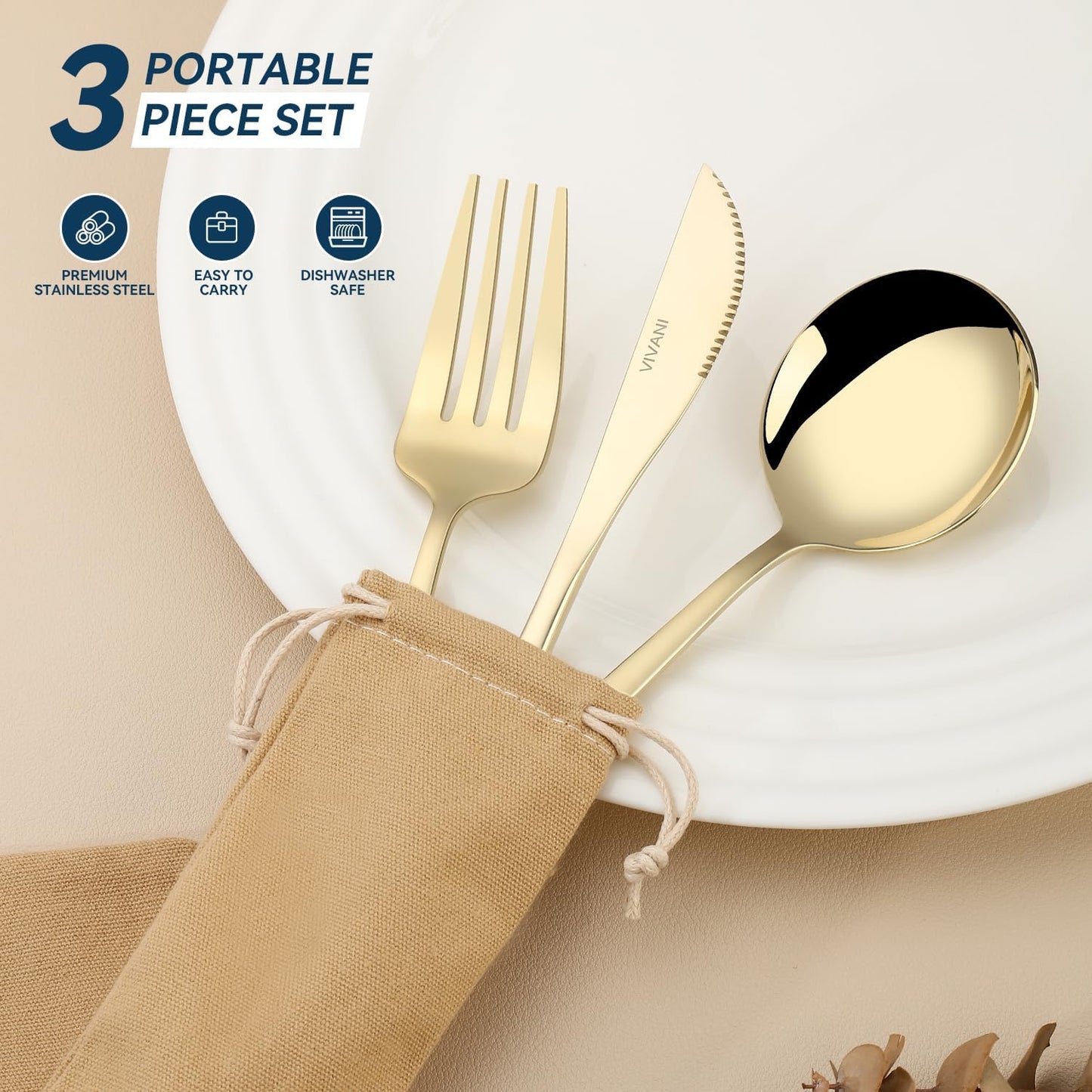 VIVANI Portable Utensils Set with Case, 3-Piece Reusable Stainless Steel Flatware Set for Travel, Camping, Lunch Box & Office, Champagne Gold Fork, Knife, Spoon with Carry Bag