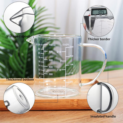 77L 3 Pack Glass Measuring Cup Set (1 1/4, 2 & 4 Cup) [Insulated handle, V-Shaped Spout], High Borosilicate Liquid Glass Measure Cup for Kitchen, Easy To Read, Dishwasher, Freezer, and Microwave Safe