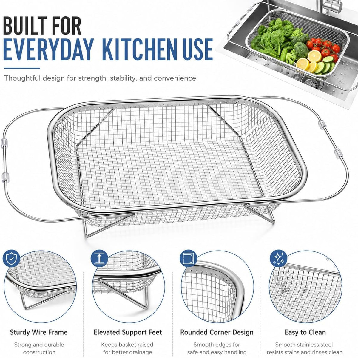 Stainless Steel Telescopic Drainer Basket, Expandable Sink Colander，S