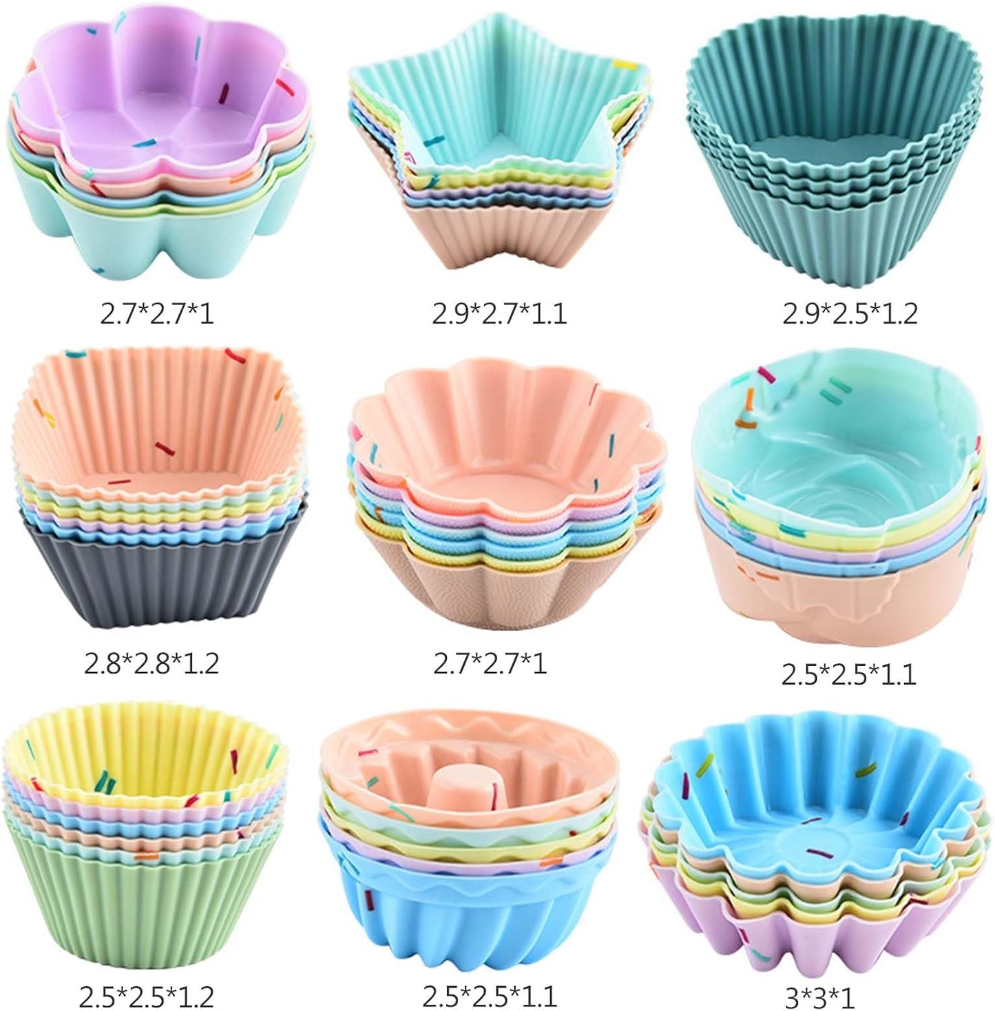 48 Pack Silicone Muffin Cups, Silicone Baking Cups, Muffin Liners, Reusable Cupcake Liners Nonstick, 9 Shapes Pastry Cake Molds Bento Lunch Box Dividers