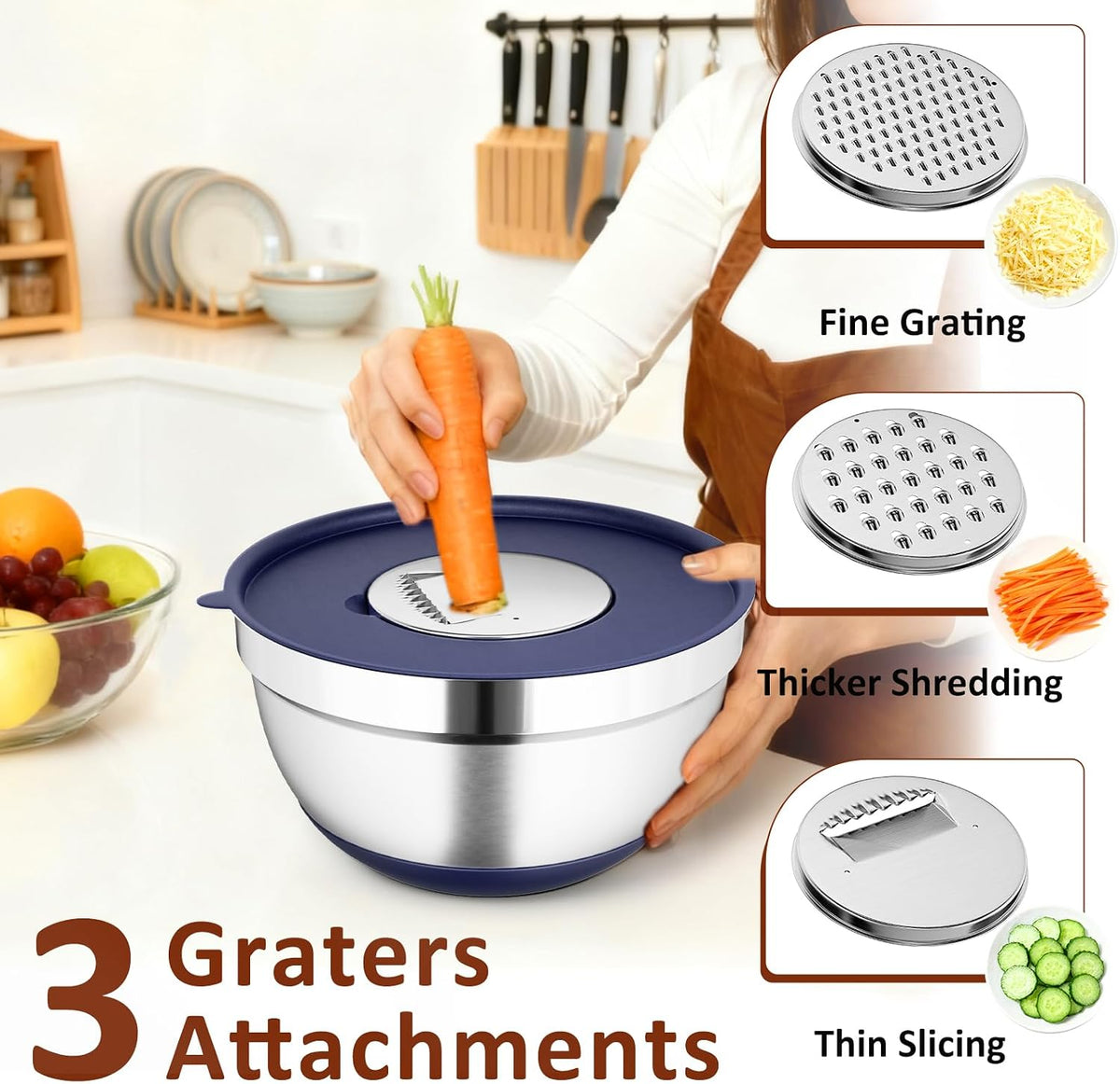 9 Pack Mixing Bowls with Airtight Lids & Grater Attachments, Khaki