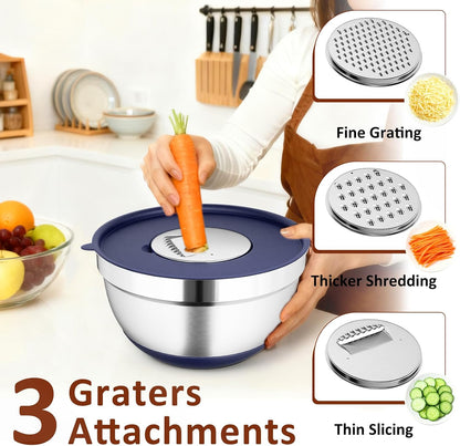 9 Pack Mixing Bowls with Airtight Lids & Grater Attachments, Khaki