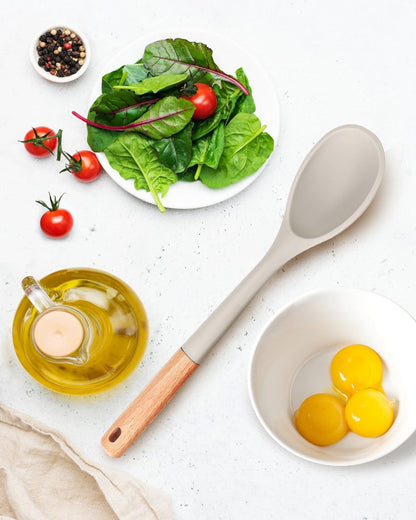Large Silicone Cooking Spoons, Nonstick Solid Wooden Handle Spoon, Heat Resistan Silicone Kitchen Spoons for Cooking, Serving, Basting, Mixing, 13.2inch (Grey)