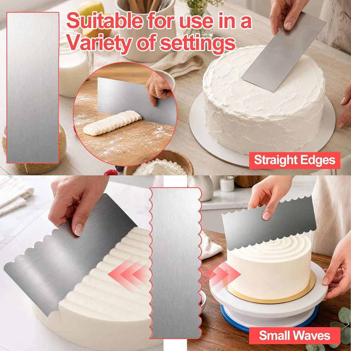 4 Pack Stainless Steel Cake Scraper, 8.6 Inch Textured Icing Smoother Comb
