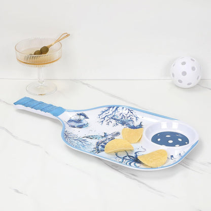 UPware Flamingo Melamine Chip and Dip Snack Tray, Tropical Floral Pickleball Paddle Shape Platter for Chips, Salsa, Fruits, and Appetizers, 15.75 x 8 Inch