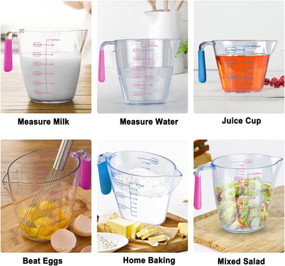 Liquid Measuring Cups with Spout 3 Pcs Stackable Plastic Liquid Measuring Cups with ML OZ Scale, BPA Free Clear Measuring Cup with Non-Drip Spout & Silicone Handle for Kitchen Cooking Baking