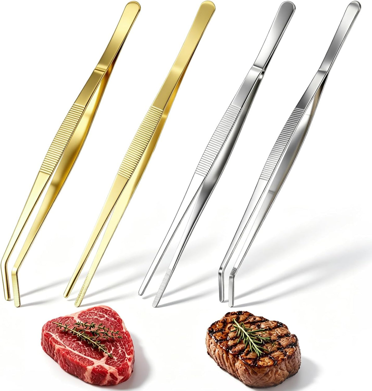 Hicarer 4 Pack Kitchen Tweezers Tongs 12 Inch Stainless Steel Cooking Tweezers for Chef Professional Gold and Silver Precision Plating Tongs for Grilling BBQ Sushi Meat Fish Pasta Cocktail