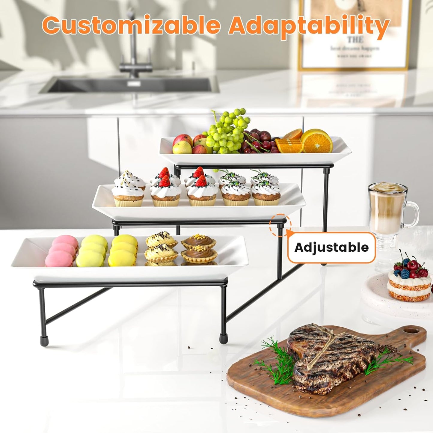 3 Tier Servings Tray for Party, 12"x6" Tiered Serving Platters with Steel Display Stand for Sevring Food,Cookies,Veggie, Dessert,Fruit, Black
